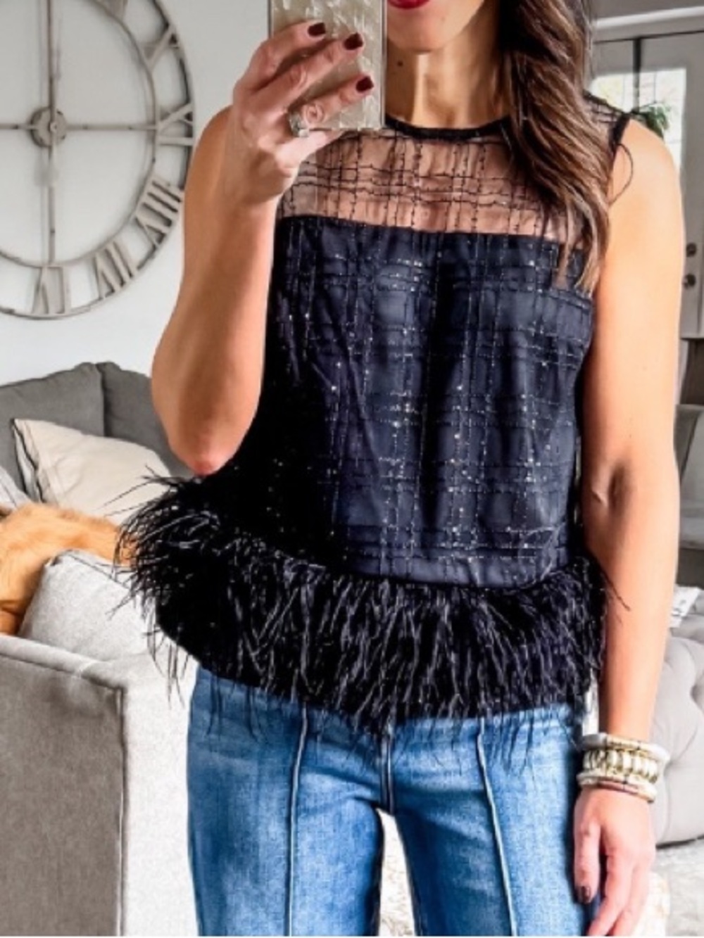 Sleeveless Black Feather-Hem Mesh Yoke Top - Brand🚌